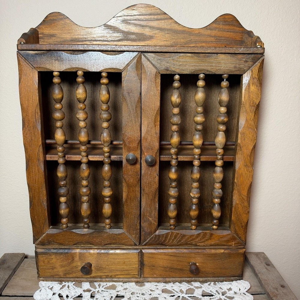 Imperial Spice Apothecary Cabinet Wood Beaded Spindles Wall Mount 15.5" Vintage
